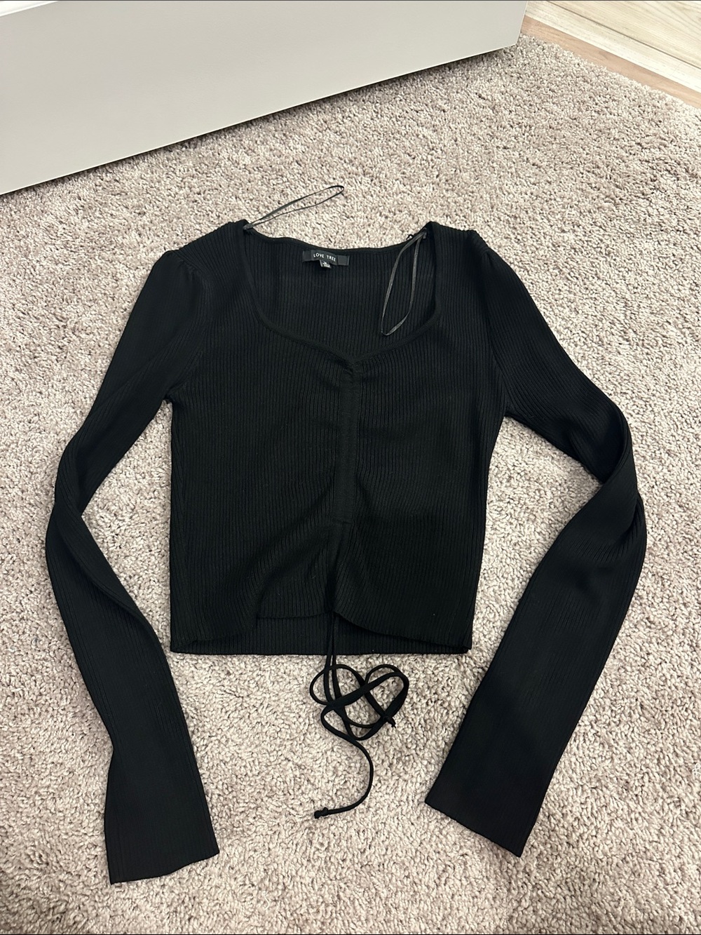 Love Tree Black Ribbed Long-Sleeve Tie-Front Top
